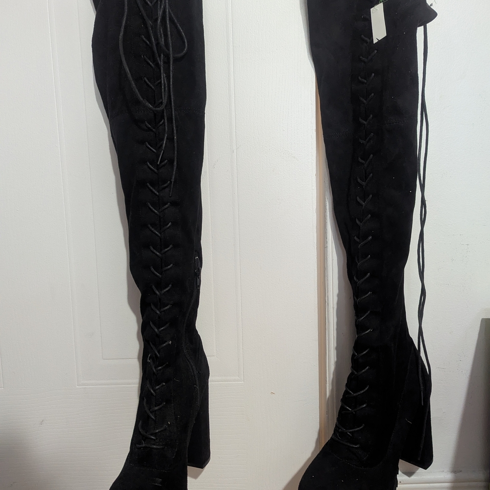 Black Over-the-Knee Lace-Up Heeled Boots